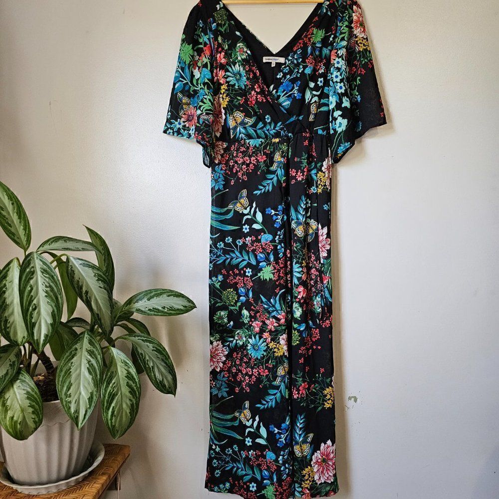 EUC BAILEY BLUE FLORAL TROPICAL SURPLICE V NECK JUMPSUIT 3/4 BELL SLEEVES SZ L